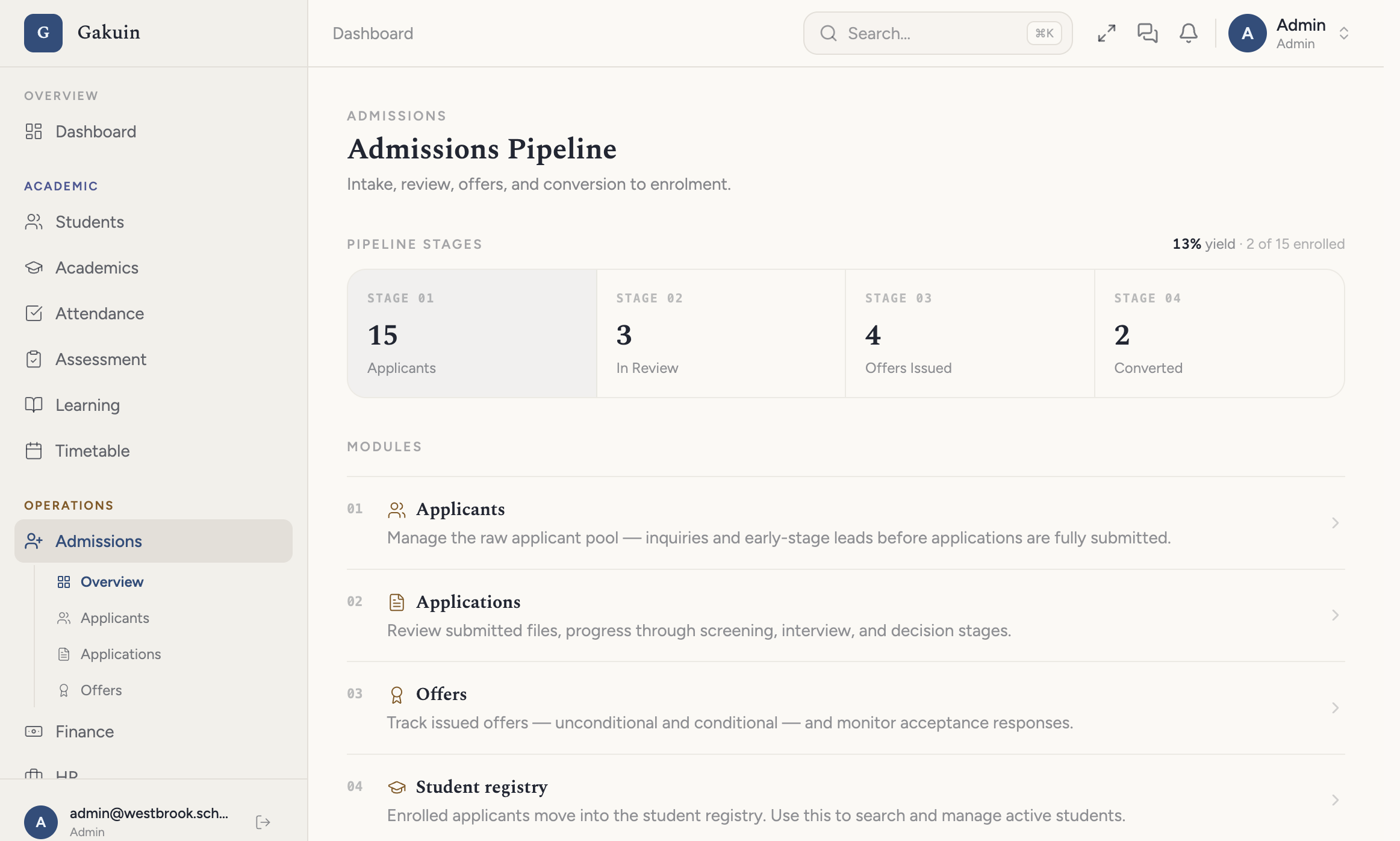 Gakuin admissions pipeline