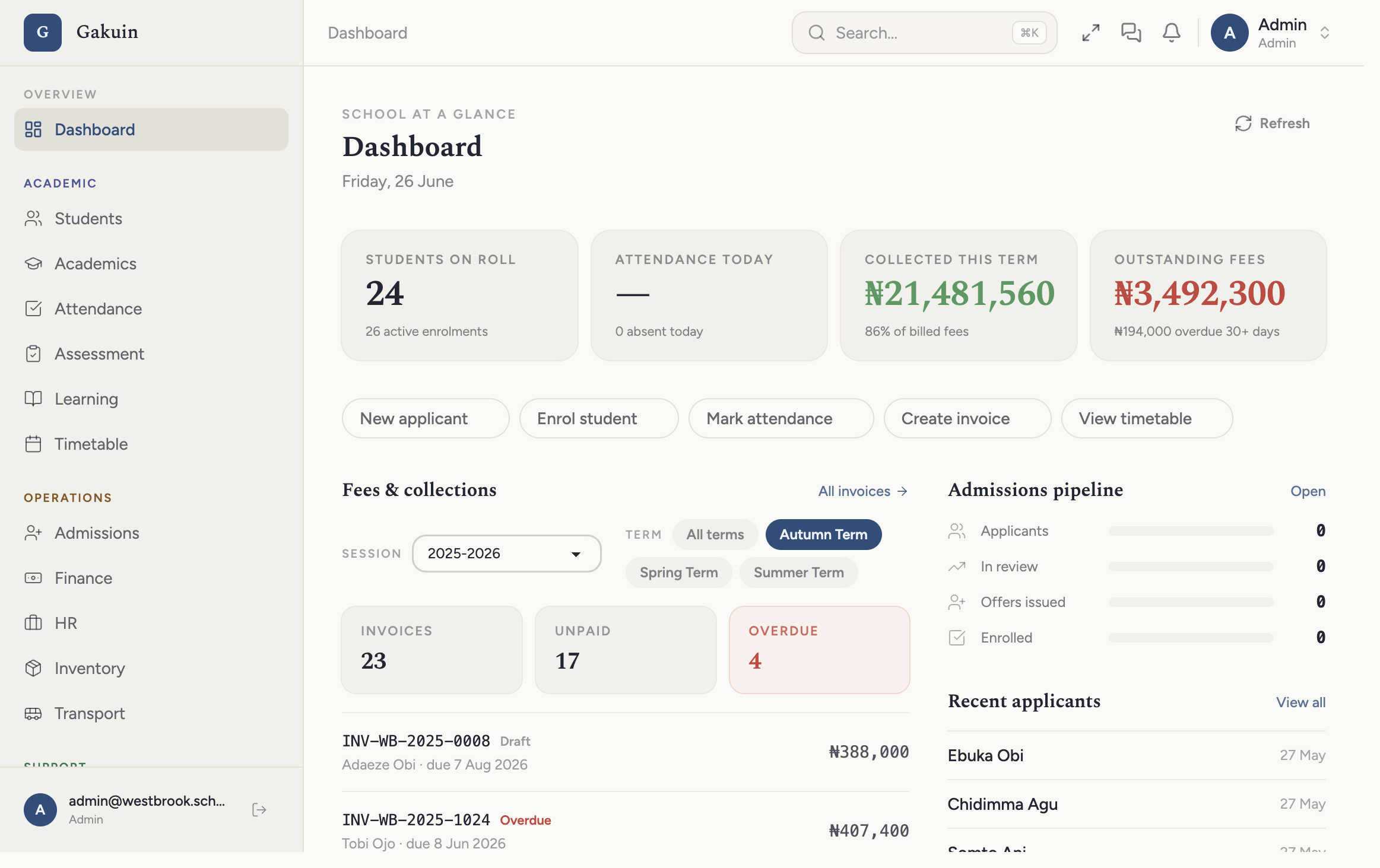 Gakuin school admin dashboard